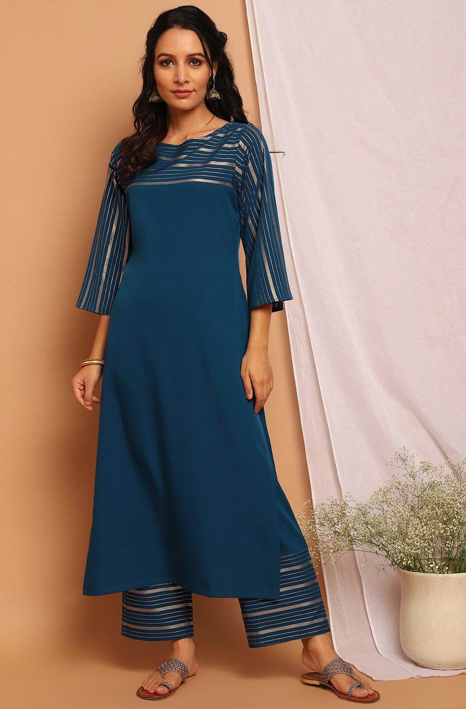 Teal Poly Crepe Striped Kurta with Palazzo