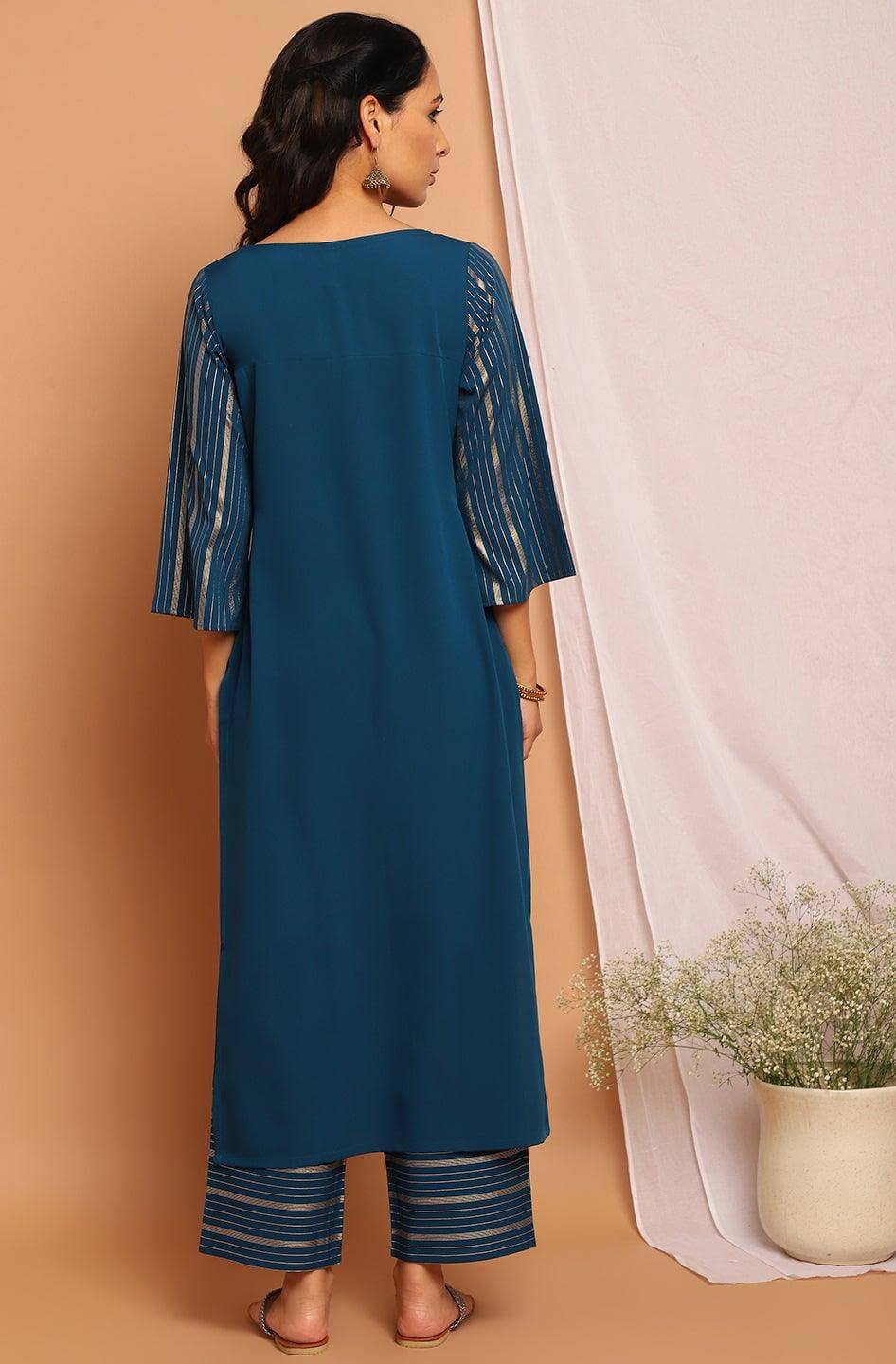 Teal Poly Crepe Striped Kurta with Palazzo