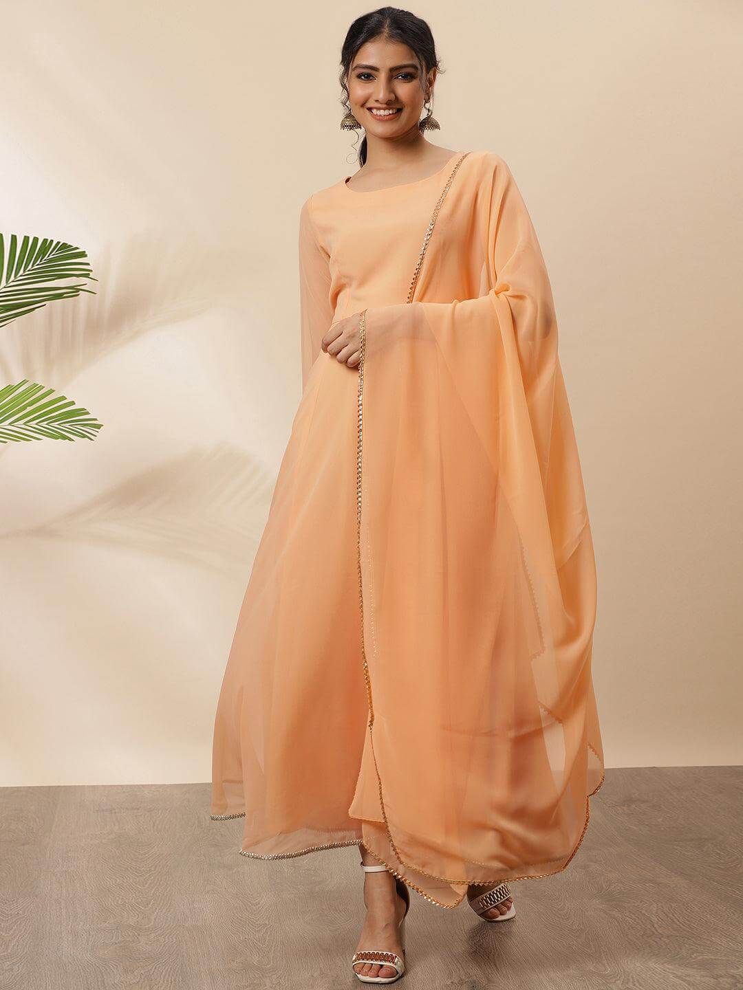Peach Poly Georgette Solid Kurta with Dupatta