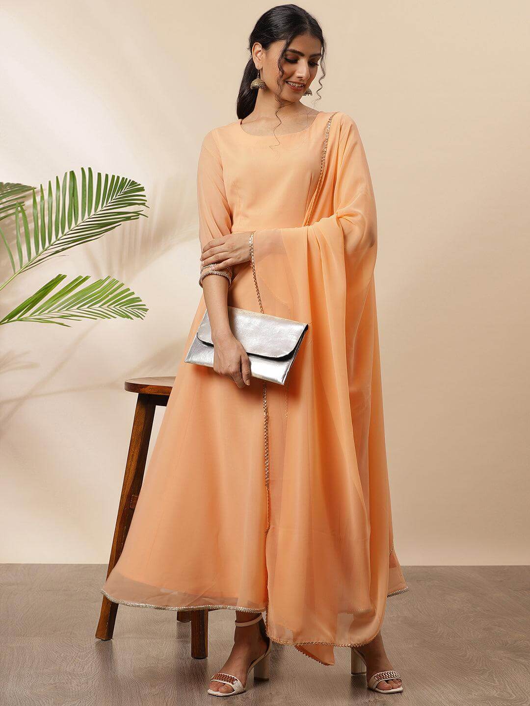 Peach Poly Georgette Solid Kurta with Dupatta