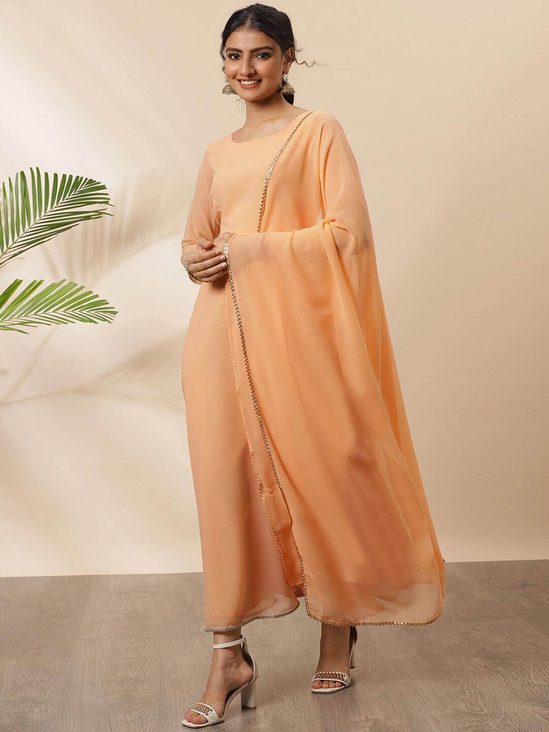 Peach Poly Georgette Solid Kurta with Dupatta