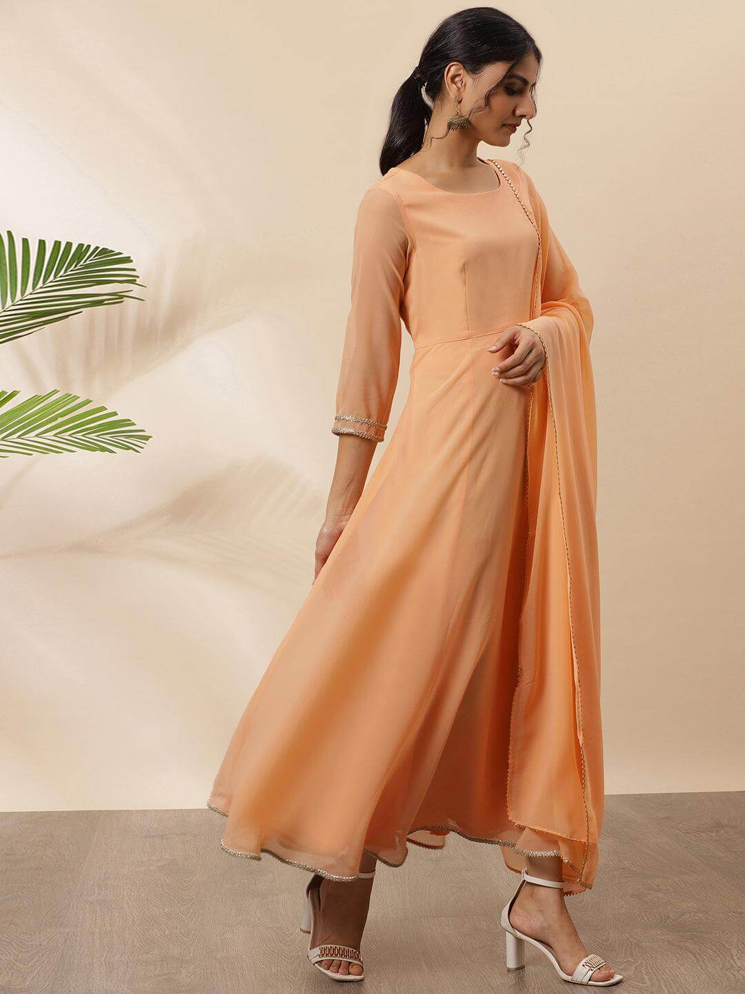 Peach Poly Georgette Solid Kurta with Dupatta