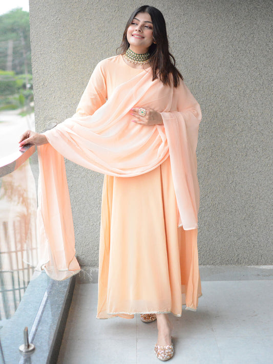 Peach Poly Georgette Solid Kurta with Dupatta