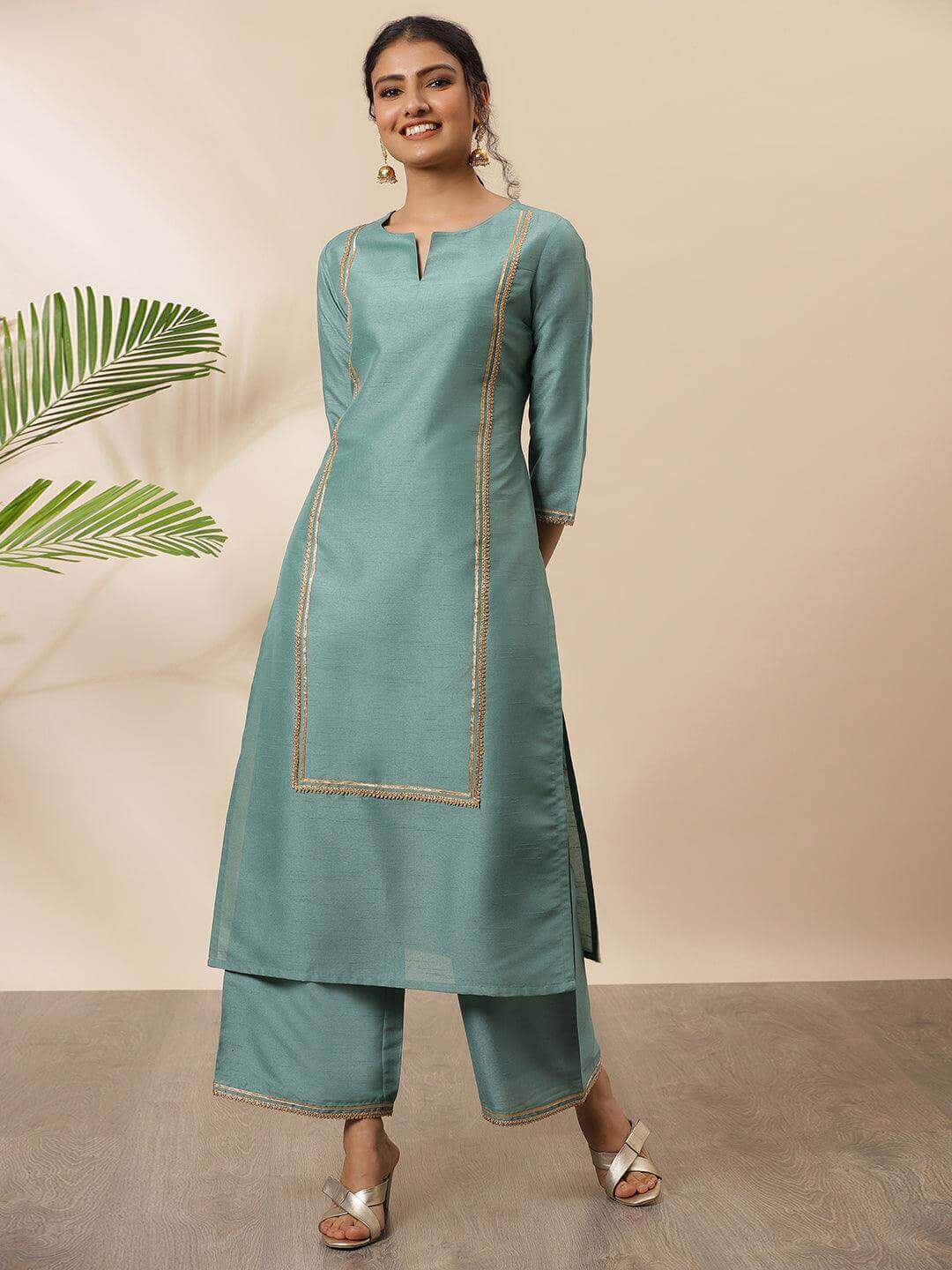 Green Poly Silk Solid Kurta with Palazzo