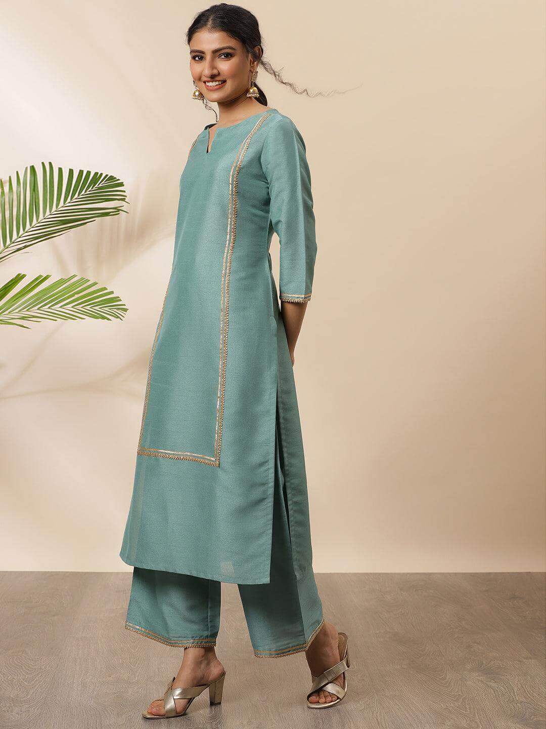 Green Poly Silk Solid Kurta with Palazzo