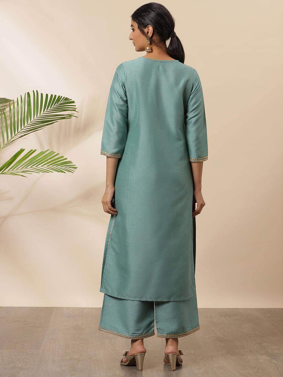 Green Poly Silk Solid Kurta with Palazzo