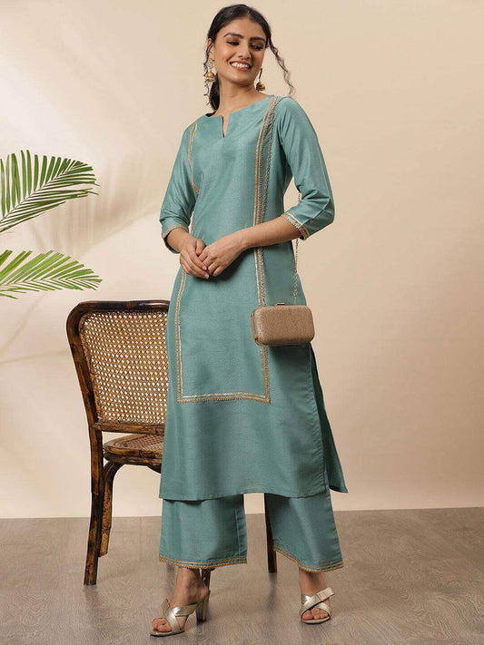 Green Poly Silk Solid Kurta with Palazzo