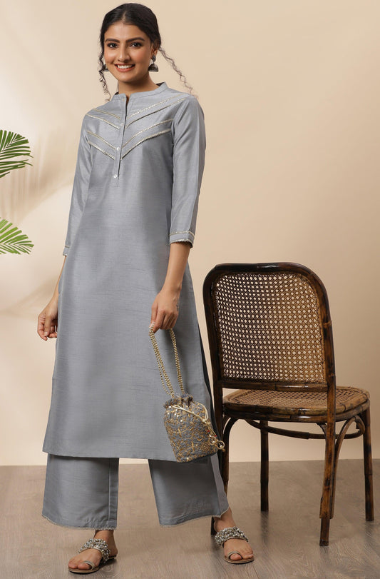 Grey Poly Silk Solid Kurta with Palazzo