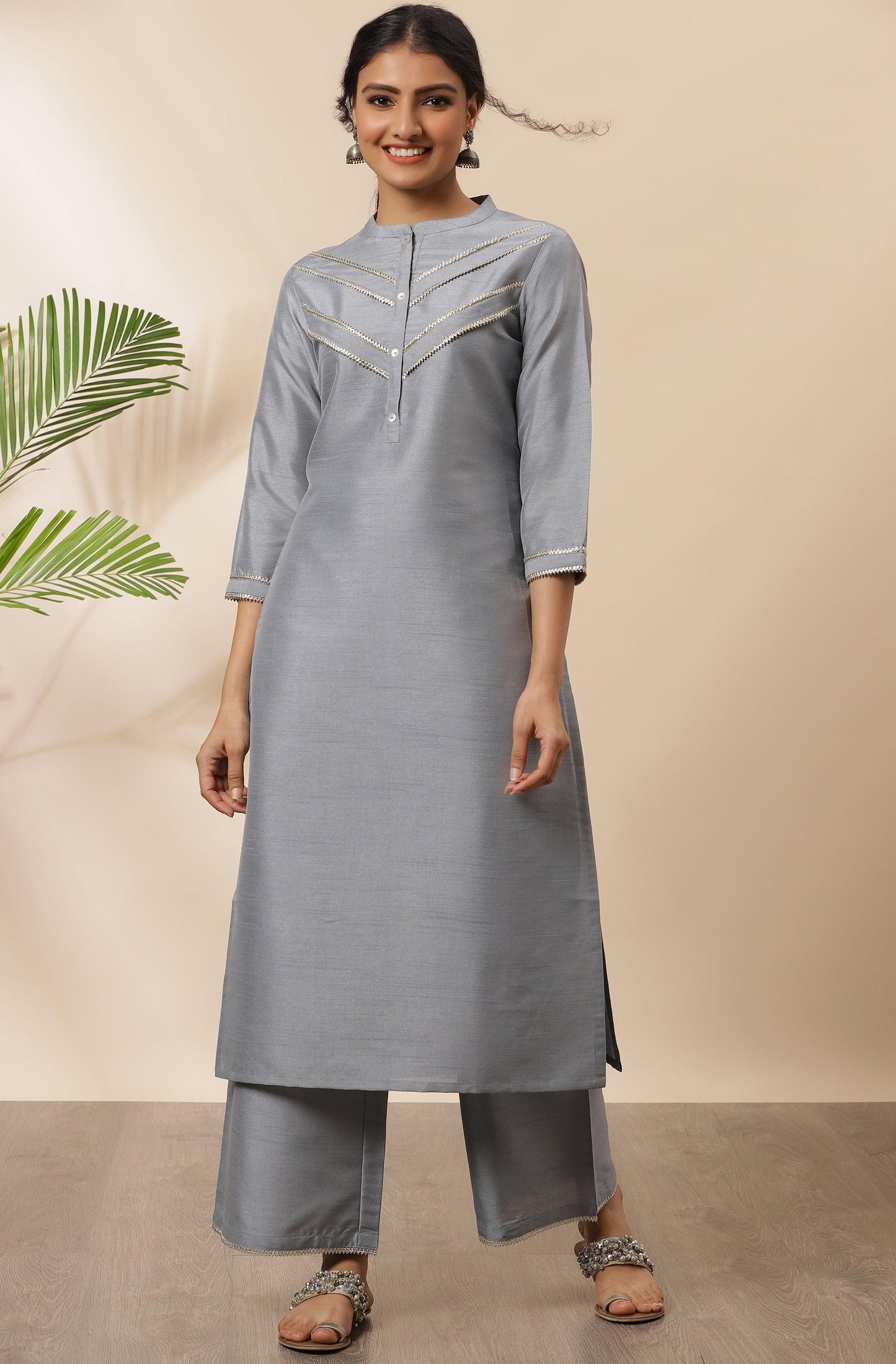 Grey Poly Silk Solid Kurta with Palazzo