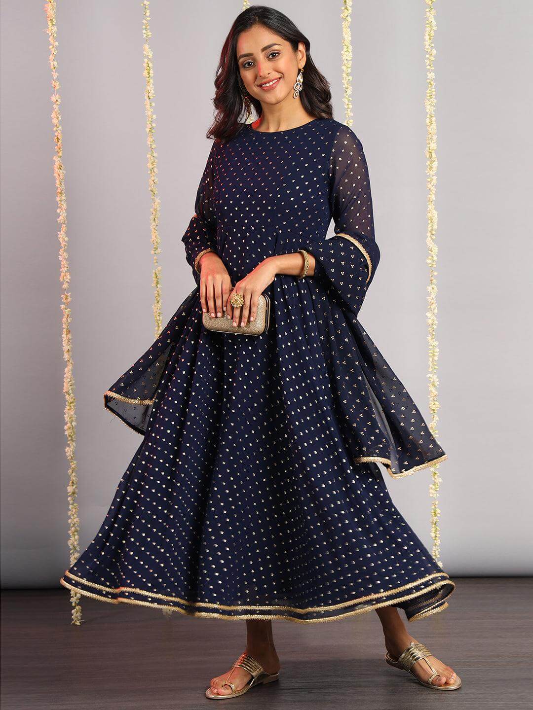 Navy Blue Poly Georgette Foil Print Kurta with Dupatta