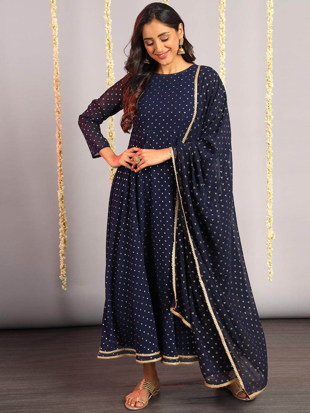 Navy Blue Poly Georgette Foil Print Kurta with Dupatta