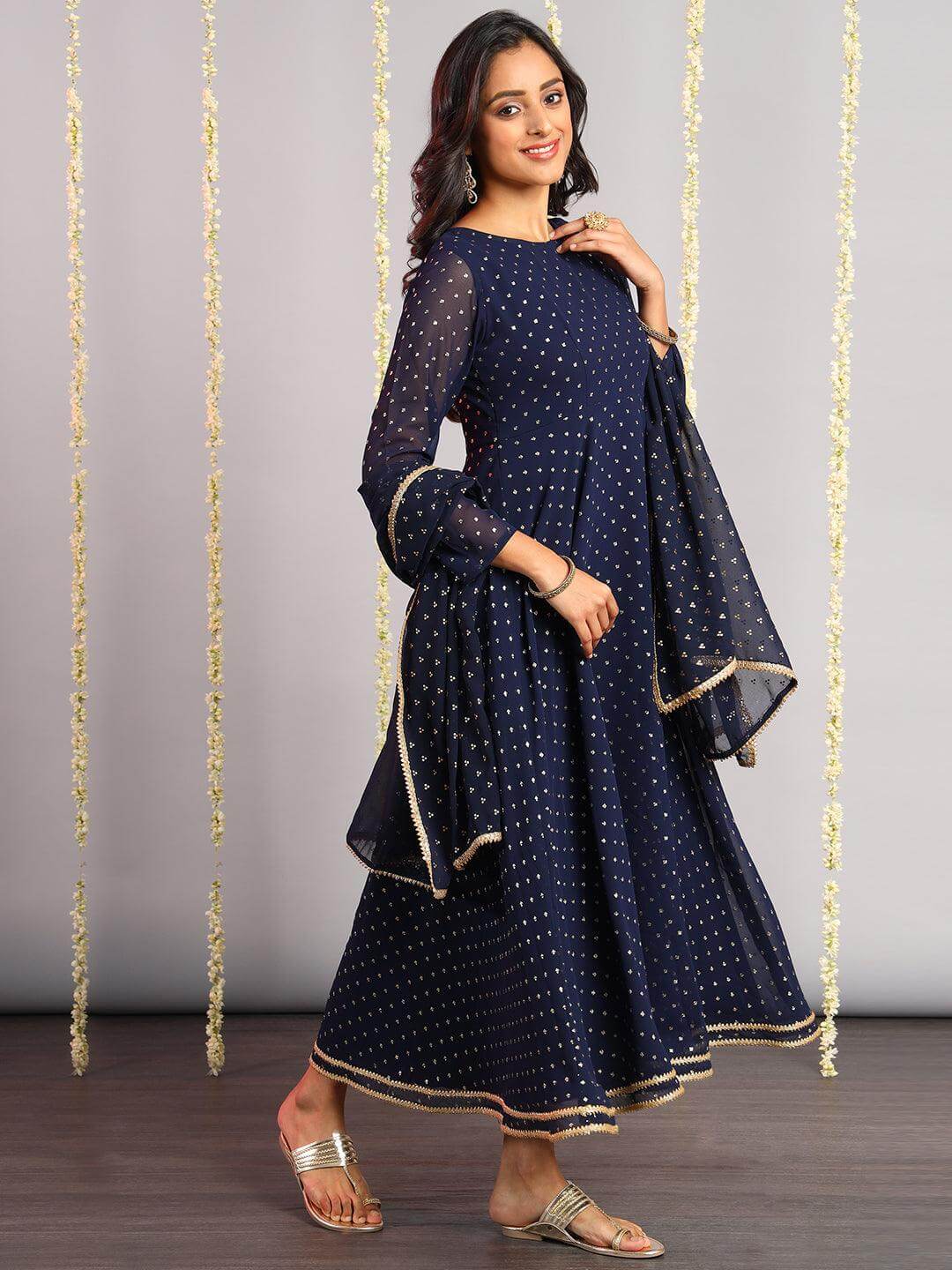 Navy Blue Poly Georgette Foil Print Kurta with Dupatta
