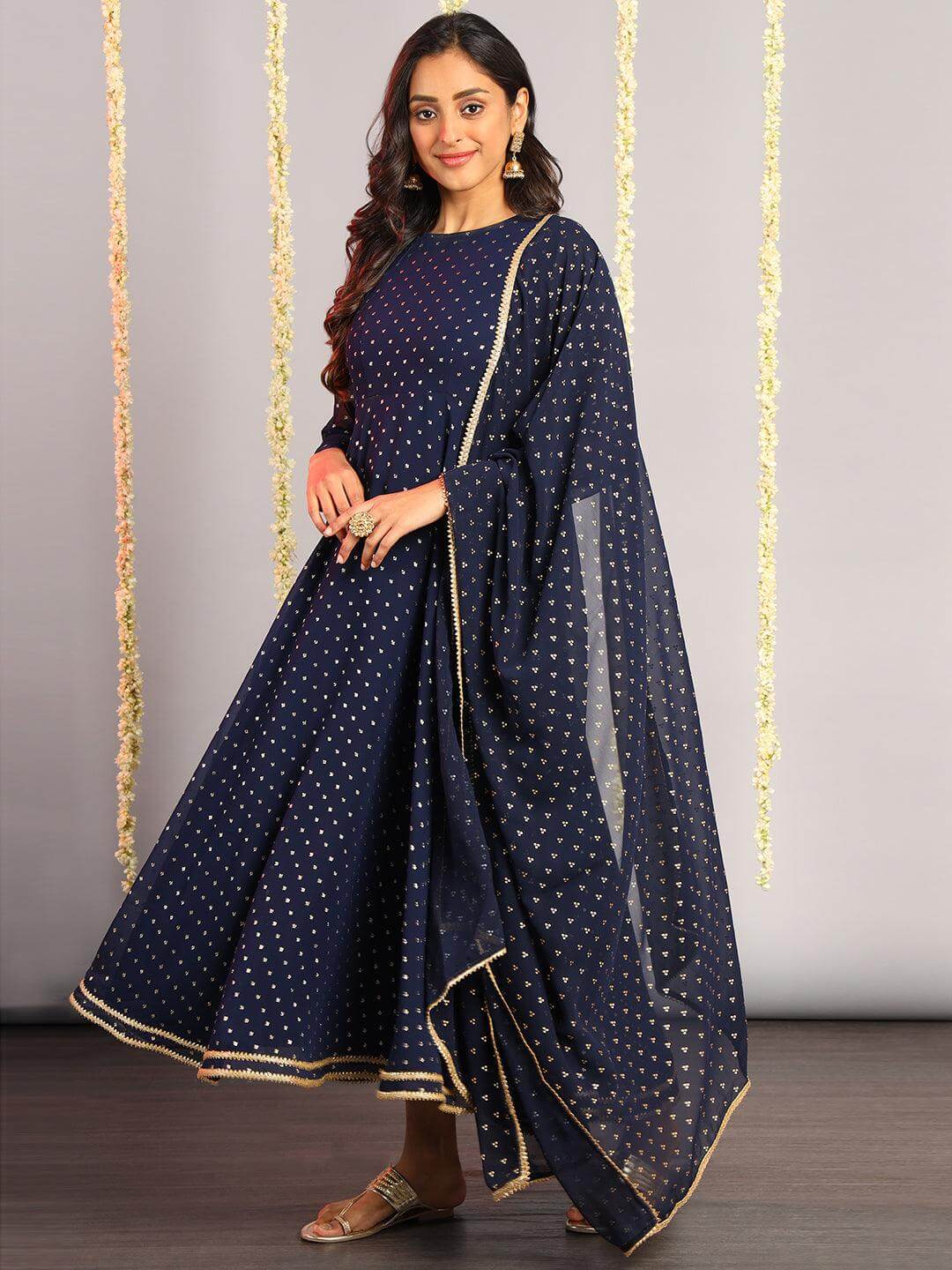 Navy Blue Poly Georgette Foil Print Kurta with Dupatta