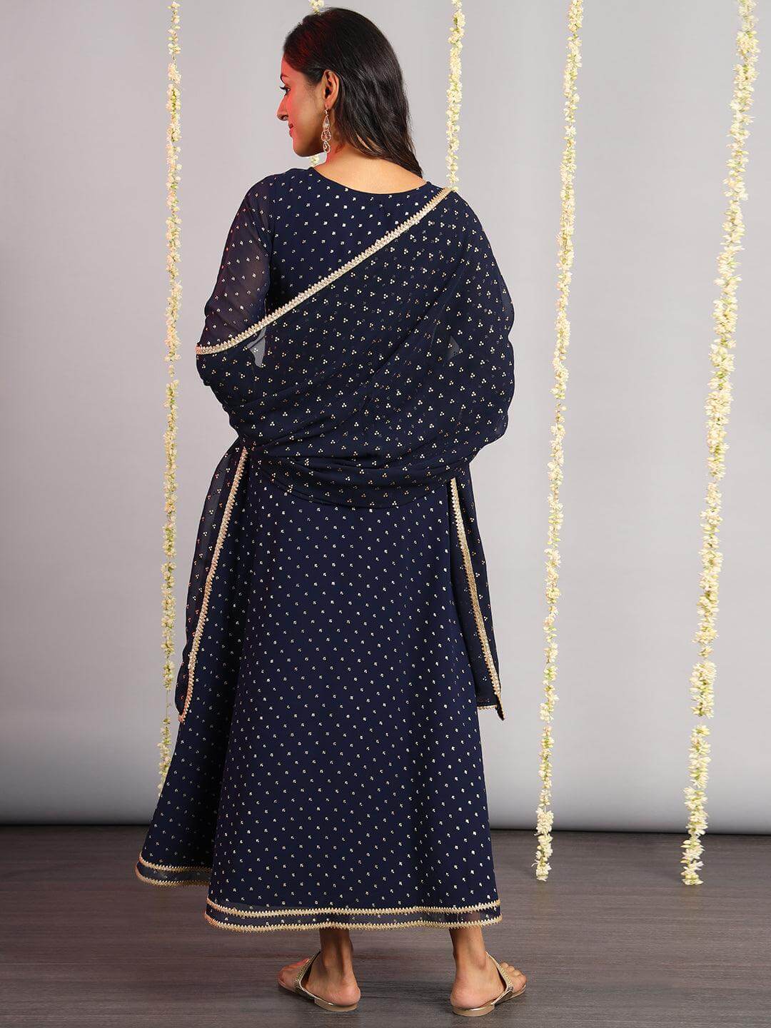 Navy Blue Poly Georgette Foil Print Kurta with Dupatta
