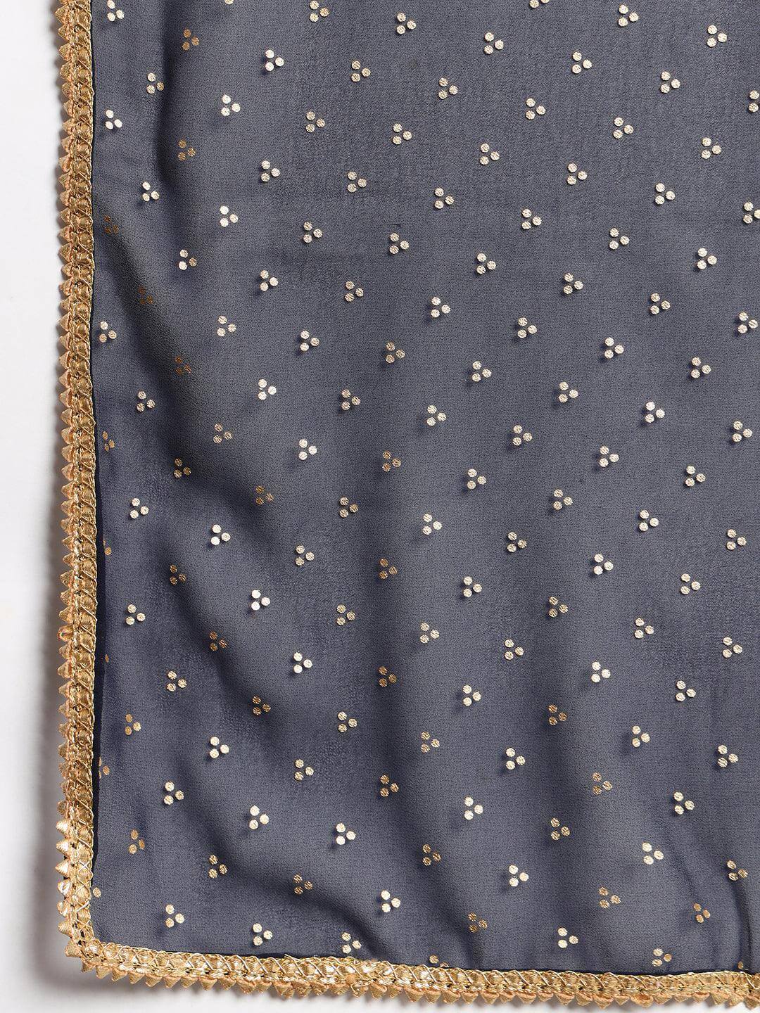 Navy Blue Poly Georgette Foil Print Kurta with Dupatta