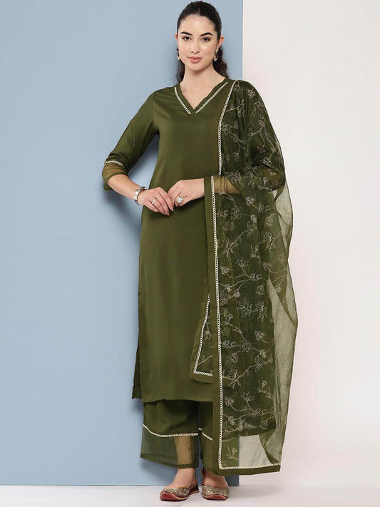 Olive Green Rayon Solid Kurta with Palazzo and Dupatta