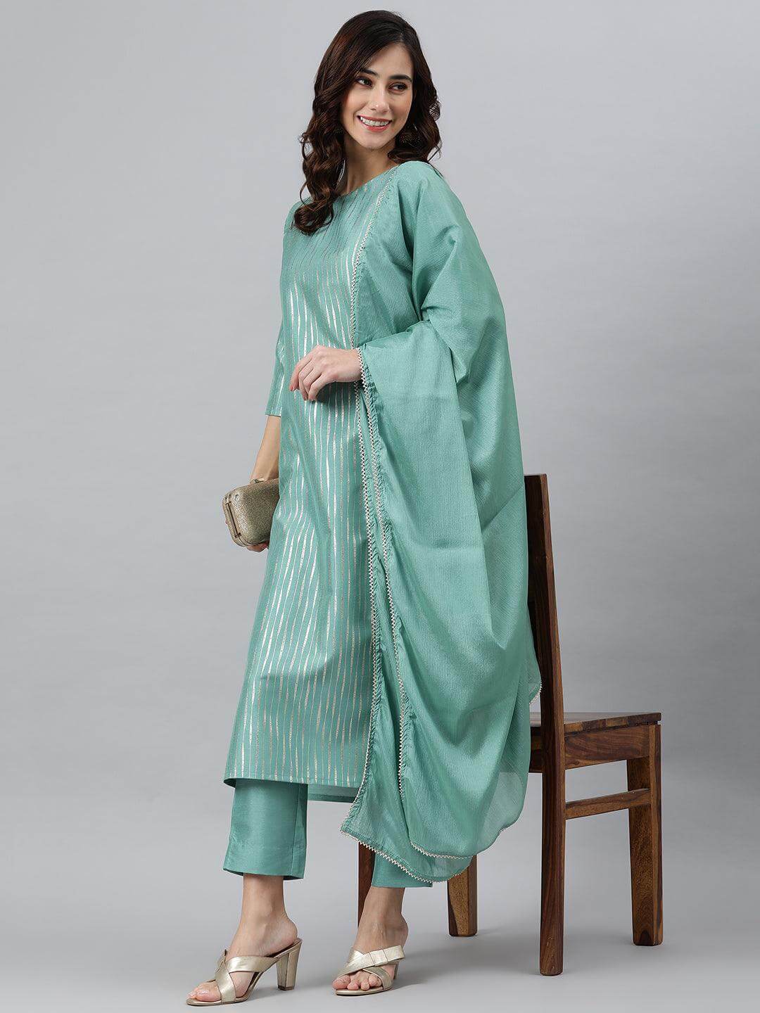 Green Poly Silk Striped Kurta with Pant and Dupatta
