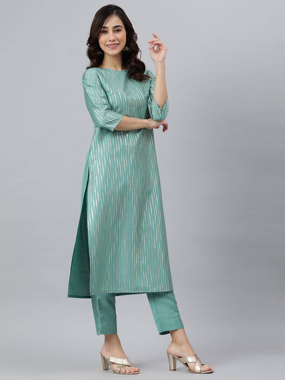 Green Poly Silk Striped Kurta with Pant and Dupatta