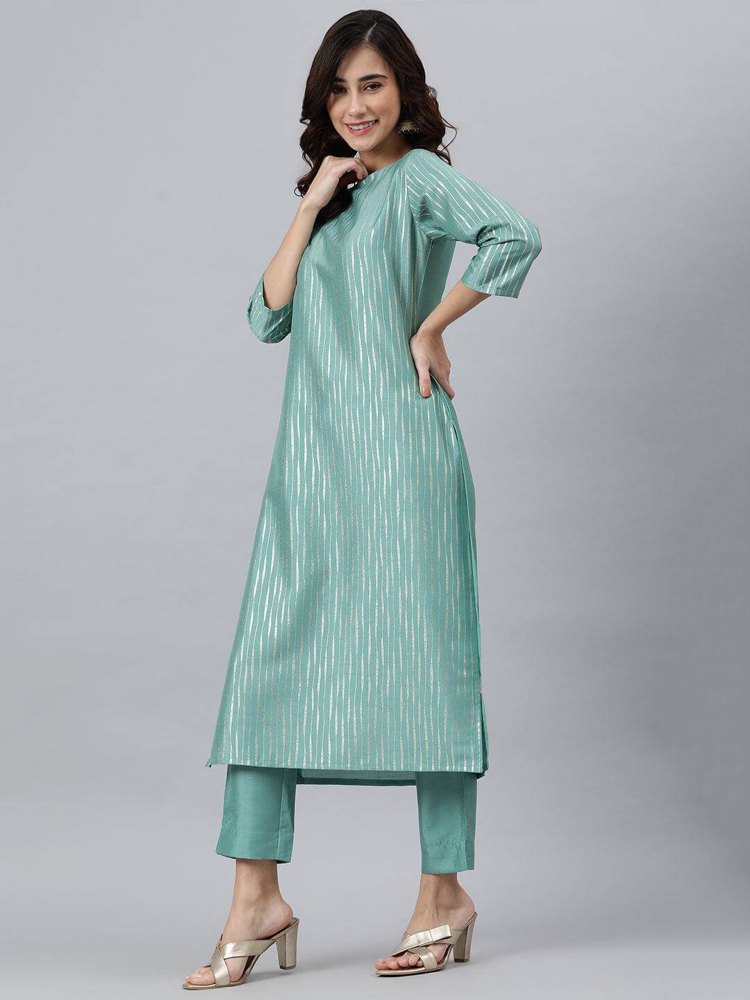 Green Poly Silk Striped Kurta with Pant and Dupatta