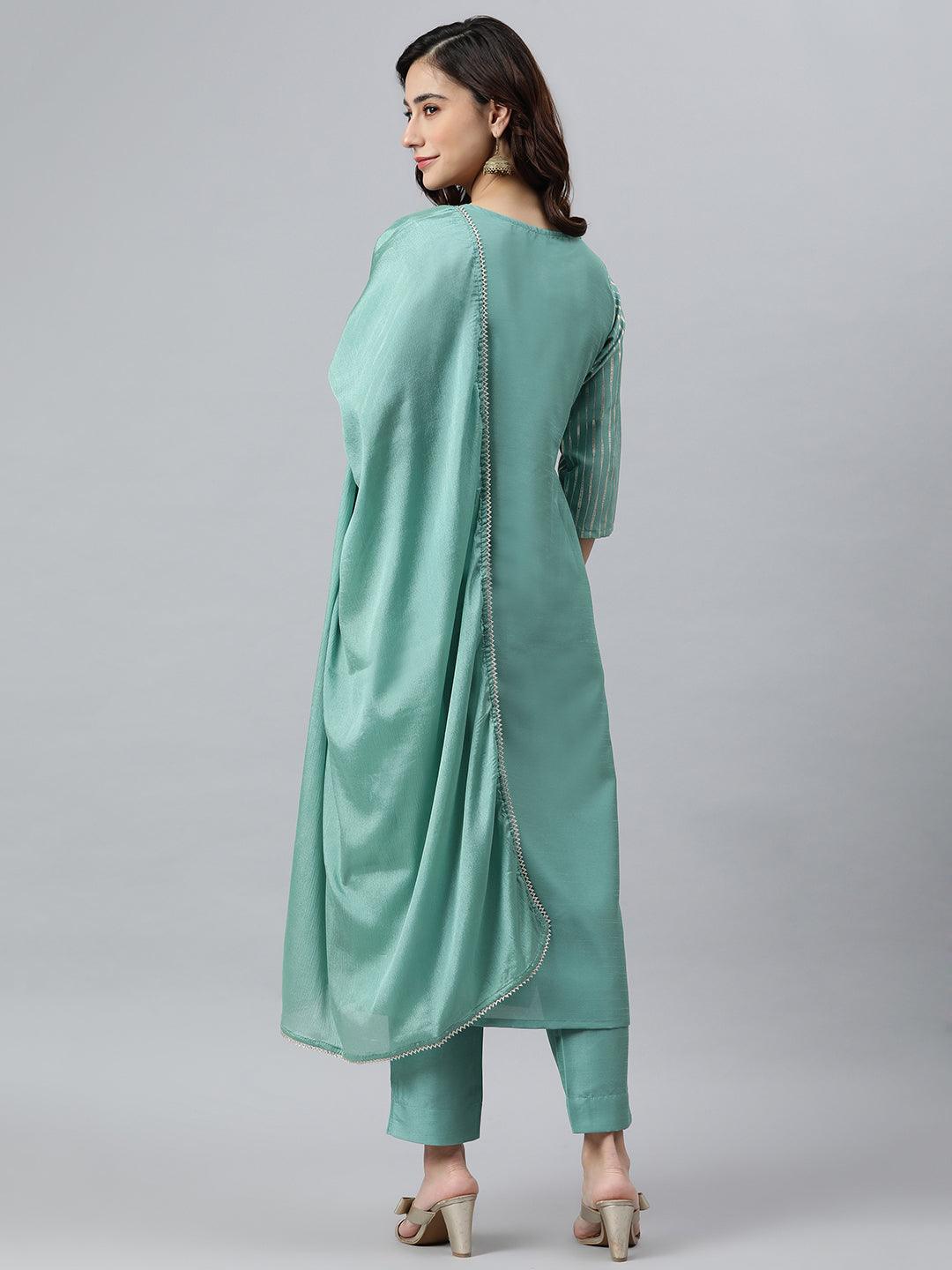 Green Poly Silk Striped Kurta with Pant and Dupatta