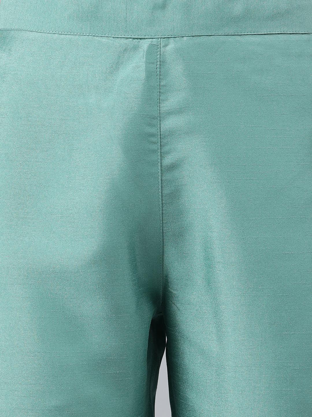Green Poly Silk Striped Kurta with Pant and Dupatta
