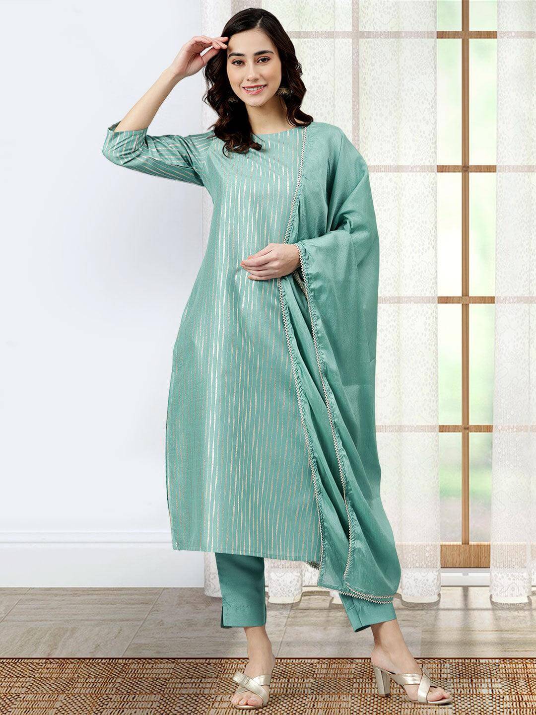 Green Poly Silk Striped Kurta with Pant and Dupatta