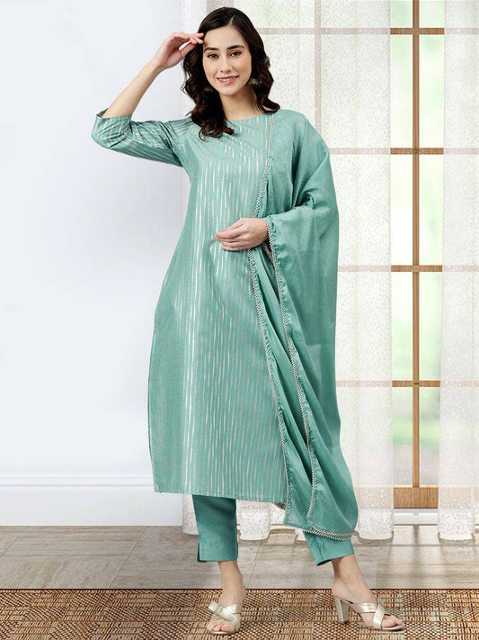 Green Poly Silk Striped Kurta with Pant and Dupatta