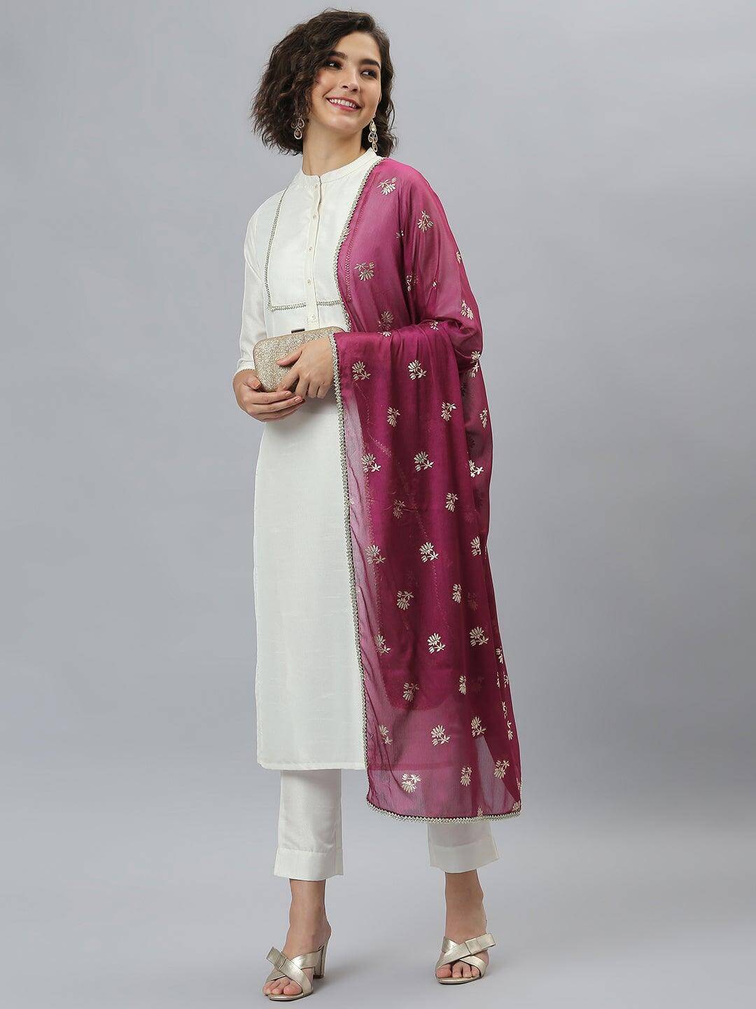 White Poly Silk Solid Kurta with Pant and Dupatta