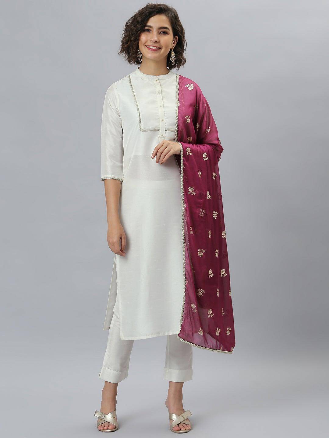 White Poly Silk Solid Kurta with Pant and Dupatta