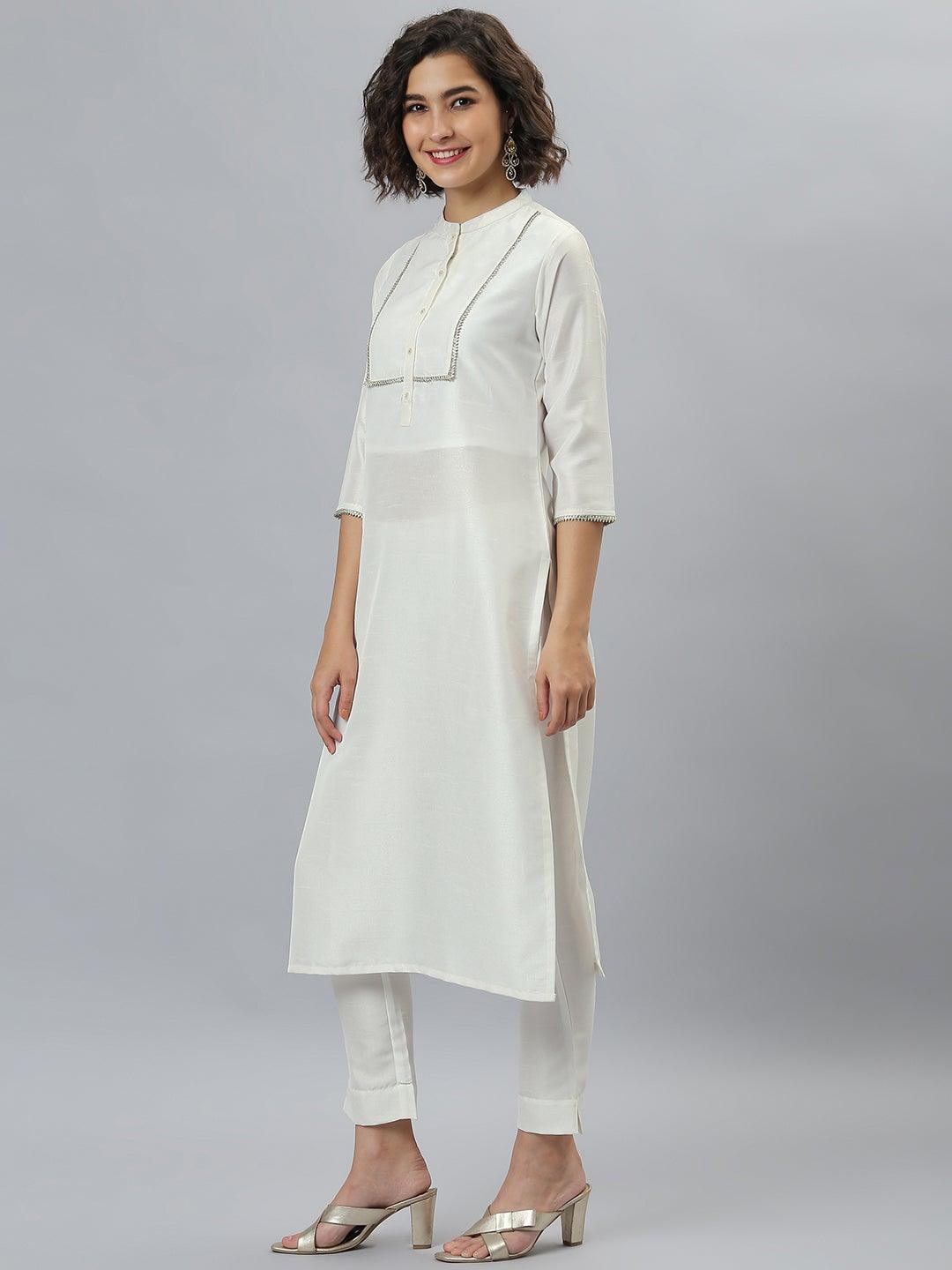 White Poly Silk Solid Kurta with Pant and Dupatta