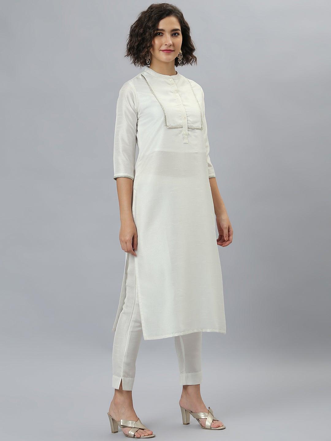 White Poly Silk Solid Kurta with Pant and Dupatta