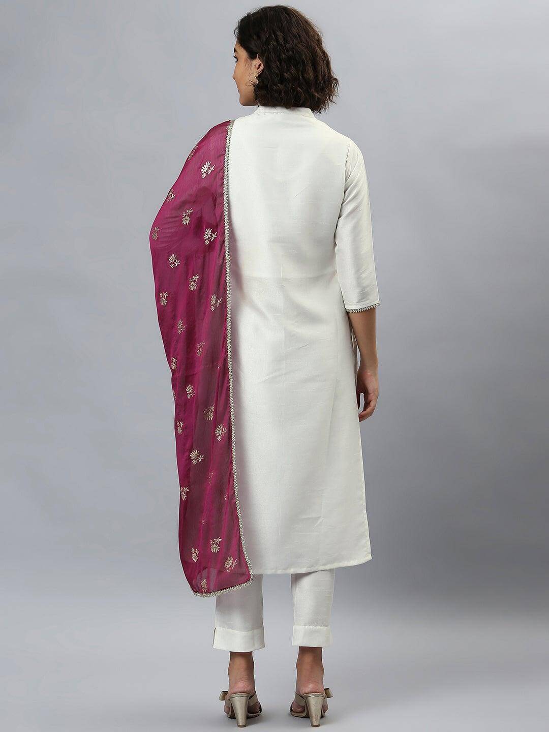 White Poly Silk Solid Kurta with Pant and Dupatta