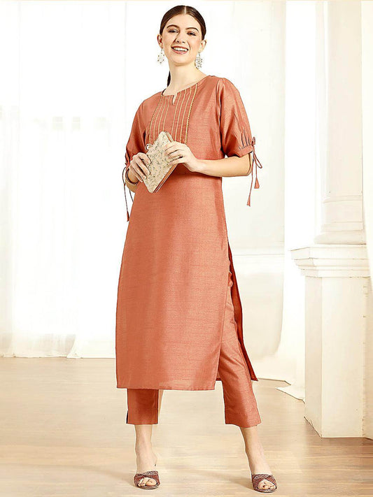 Peach Poly Silk Embellished Kurta with Pant