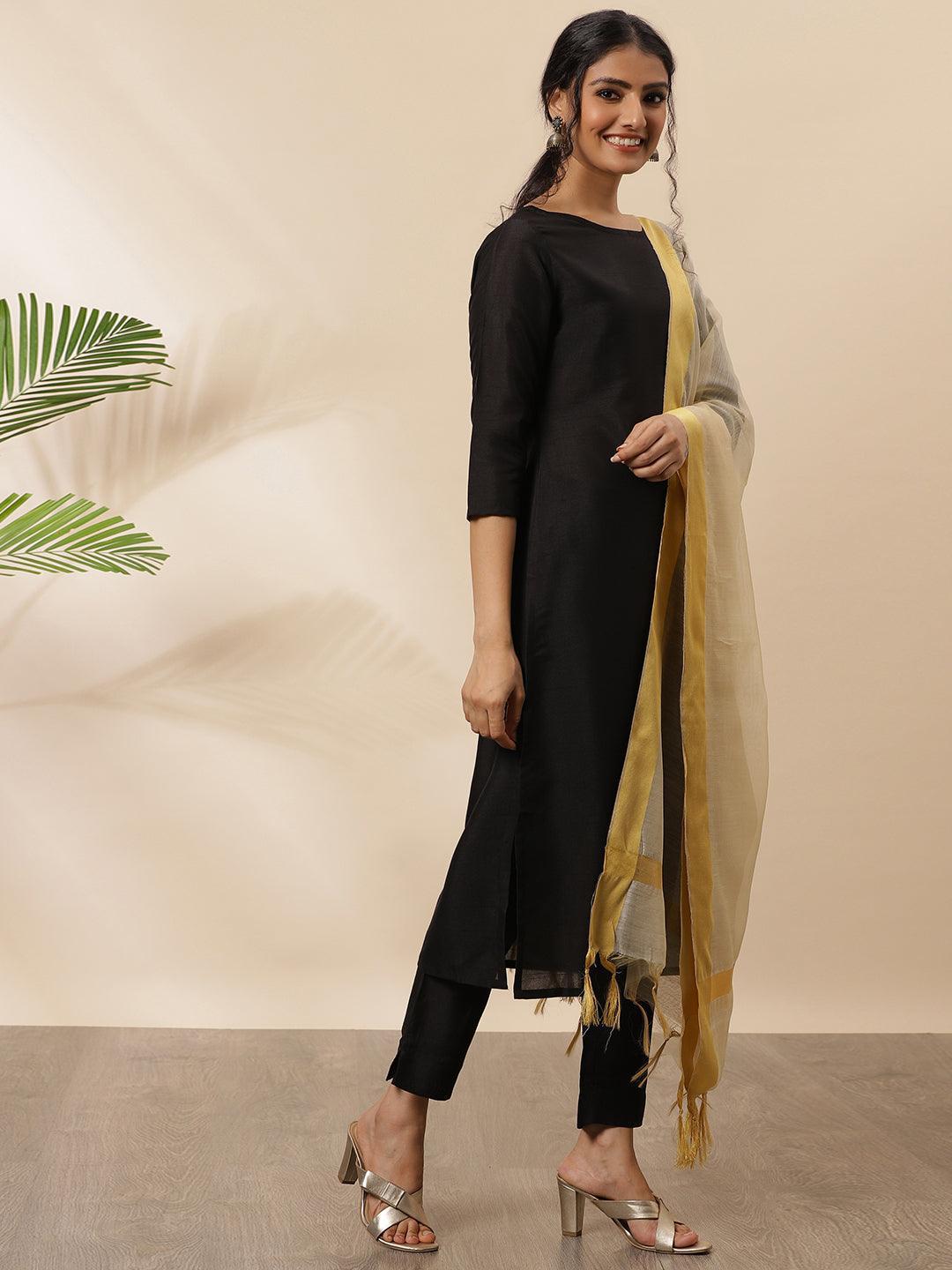 Black Poly Silk Solid Kurta with Pant and Dupatta