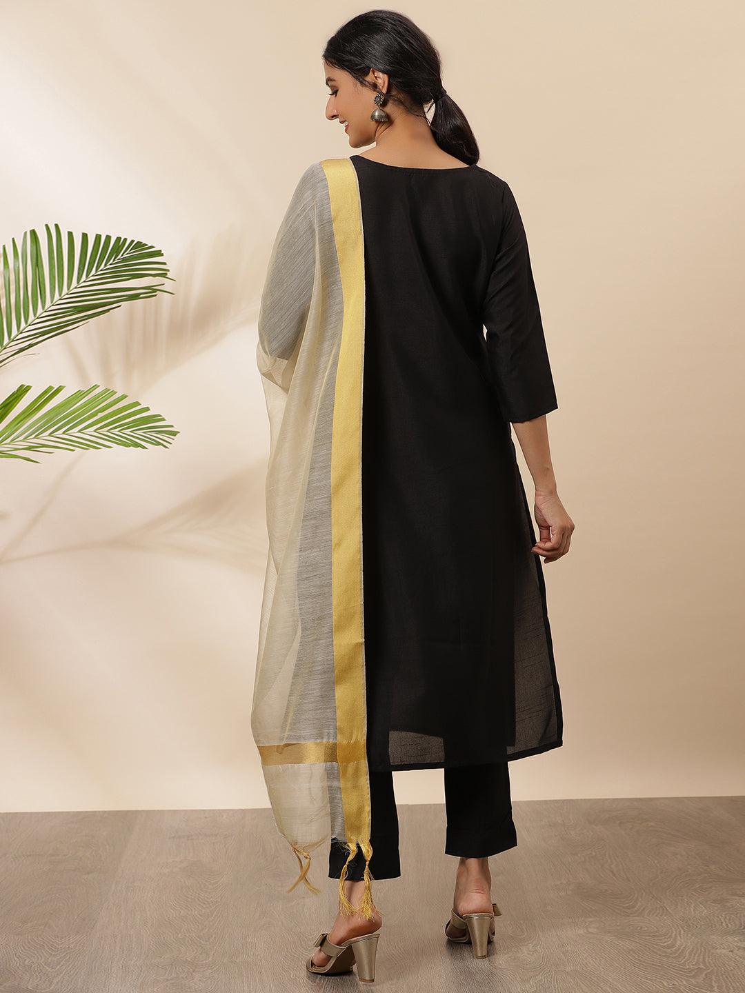 Black Poly Silk Solid Kurta with Pant and Dupatta