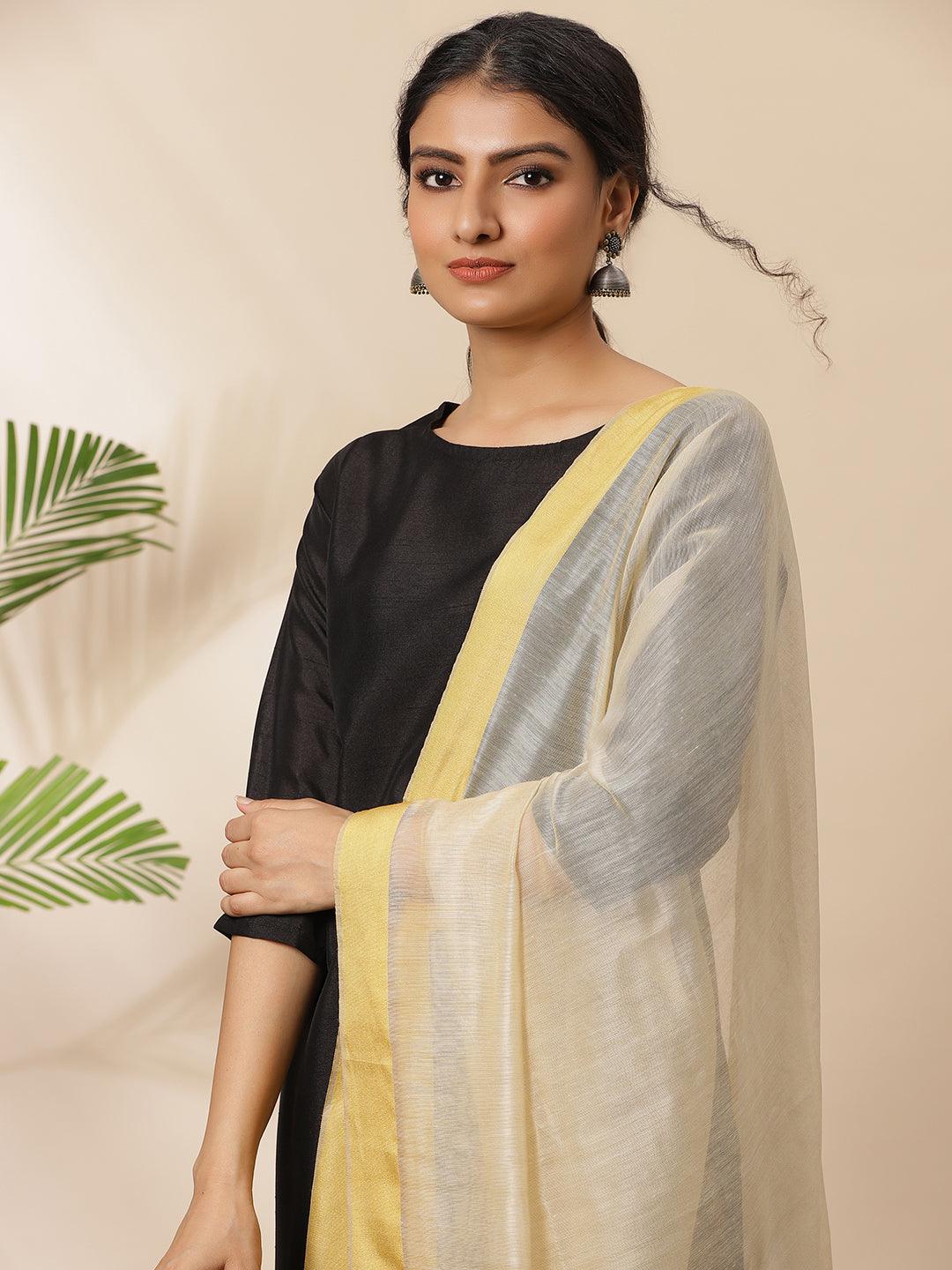 Black Poly Silk Solid Kurta with Pant and Dupatta