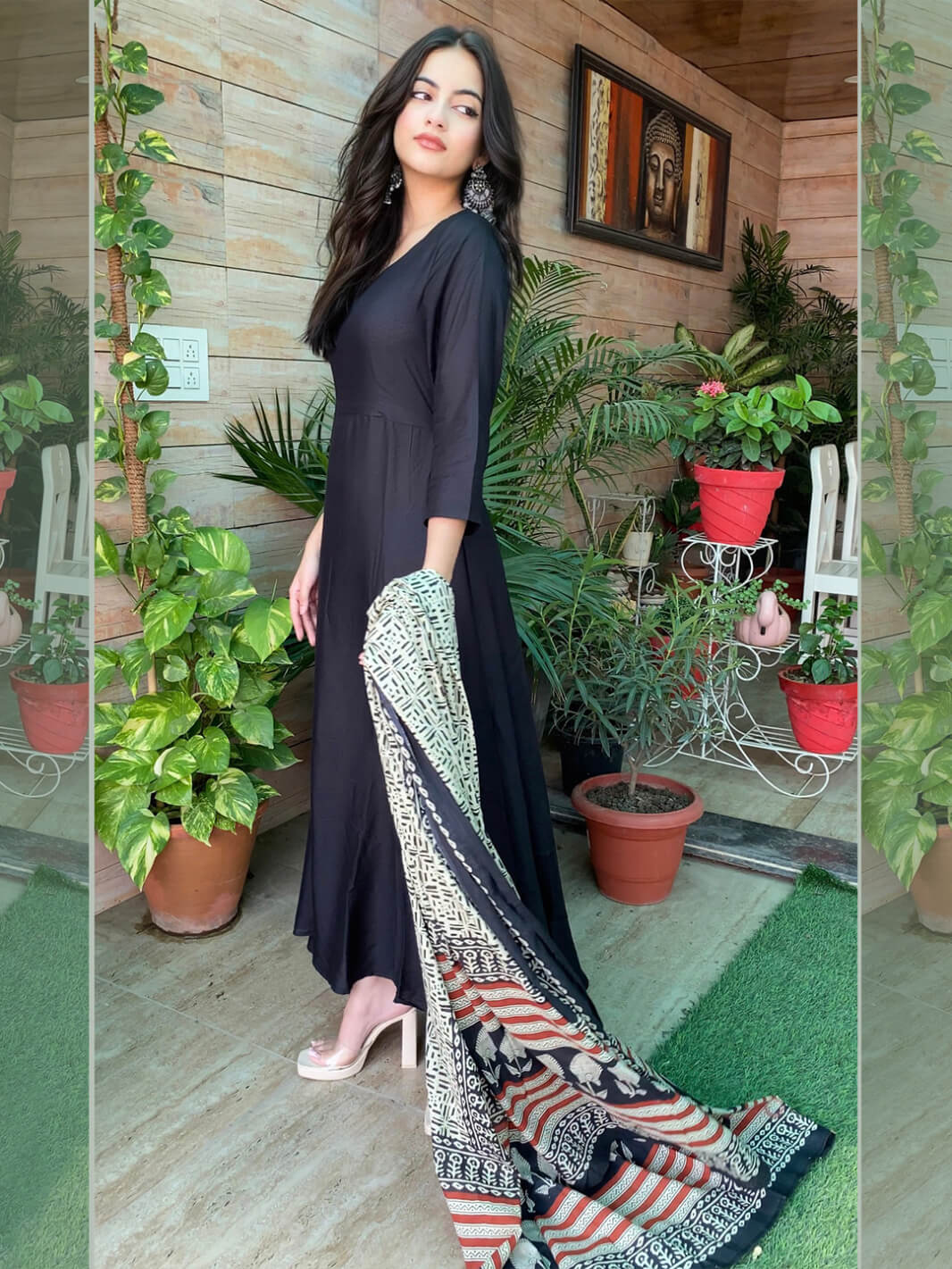Black Rayon Solid Kurta with Dupatta