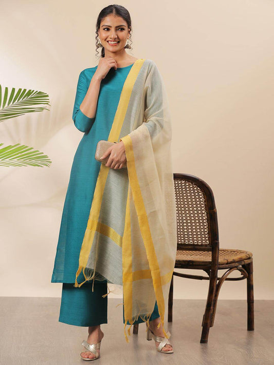 Teal Poly Silk Solid Kurta with Palazzo and Dupatta
