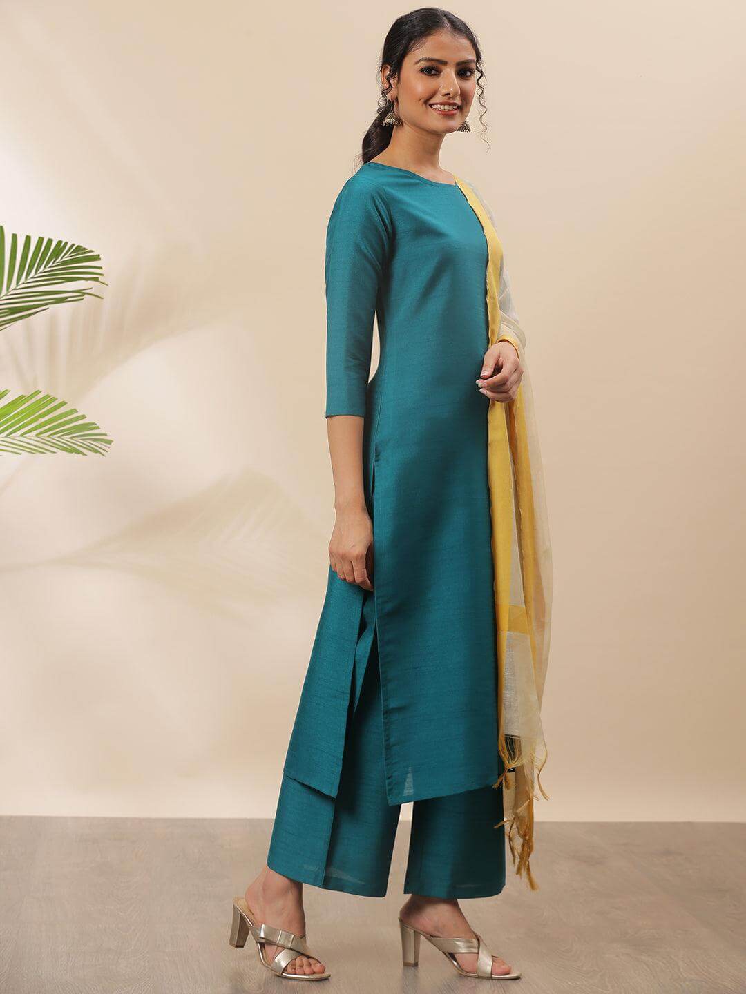 Teal Poly Silk Solid Kurta with Palazzo and Dupatta