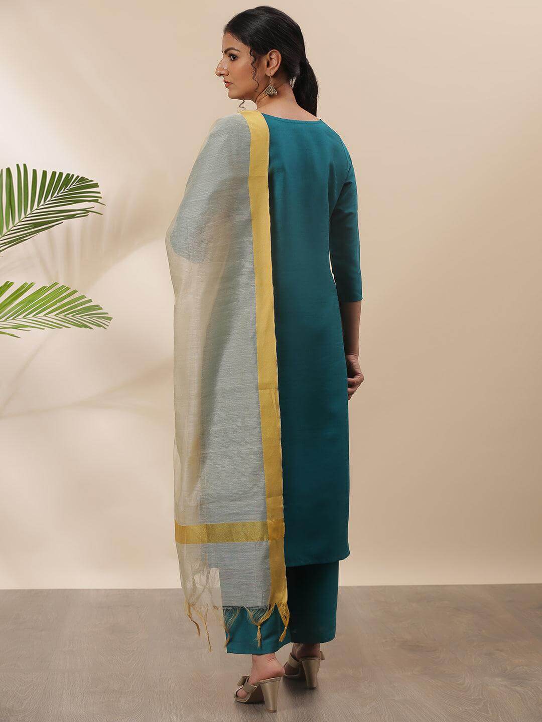 Teal Poly Silk Solid Kurta with Palazzo and Dupatta