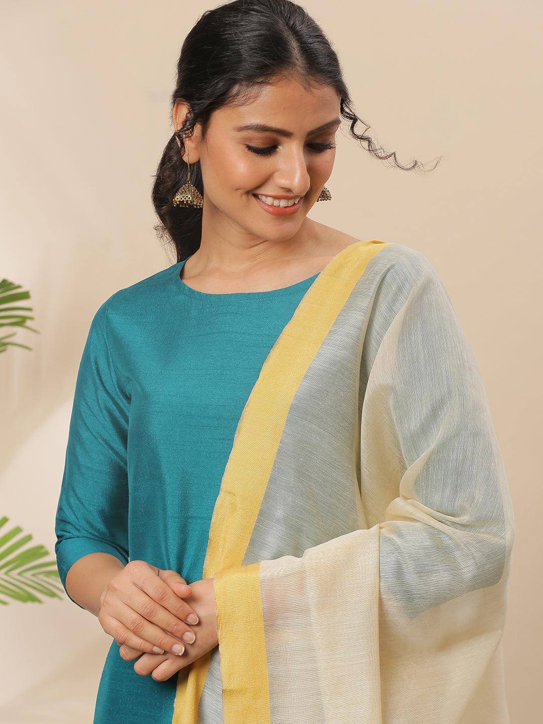 Teal Poly Silk Solid Kurta with Palazzo and Dupatta
