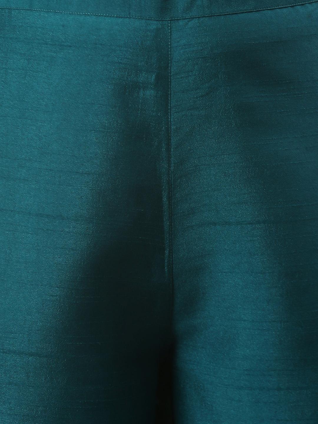 Teal Poly Silk Solid Kurta with Palazzo and Dupatta