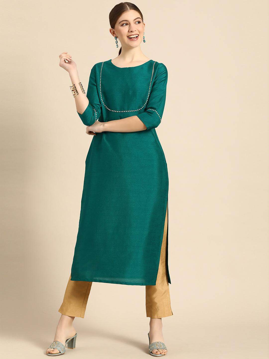 Green Poly Silk Solid Kurta with Pant