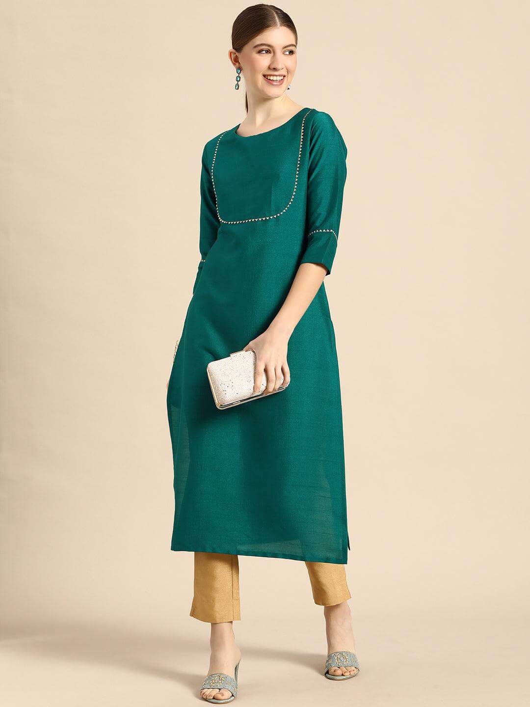Green Poly Silk Solid Kurta with Pant