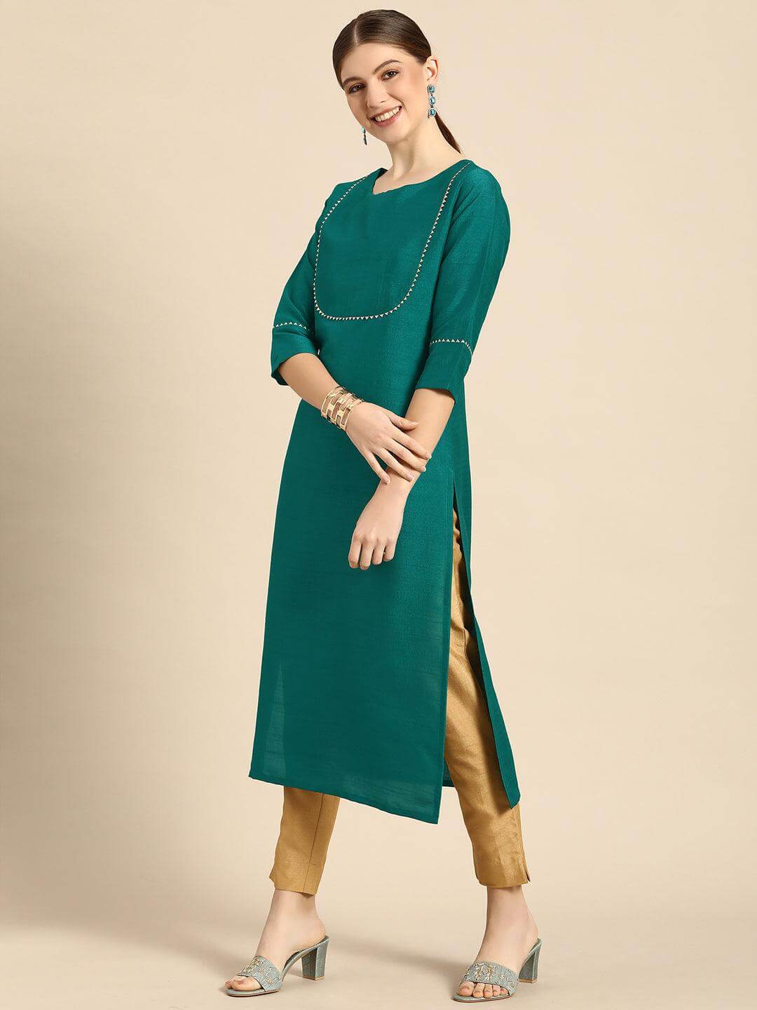 Green Poly Silk Solid Kurta with Pant