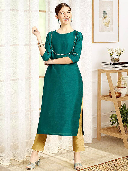 Green Poly Silk Solid Kurta with Pant