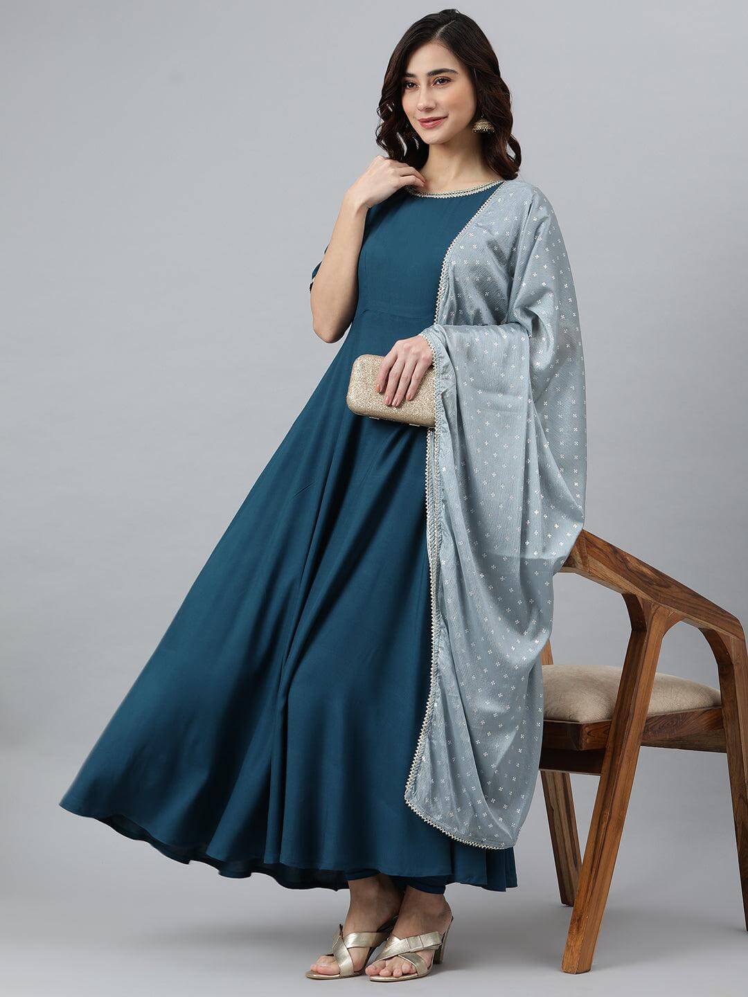 Teal Rayon Solid Kurta with Dupatta