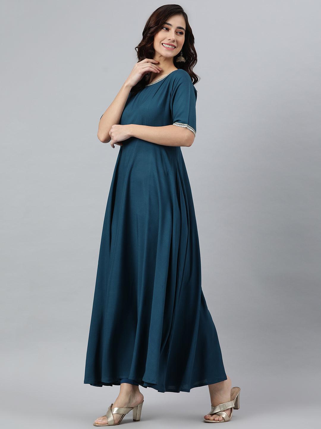 Teal Rayon Solid Kurta with Dupatta
