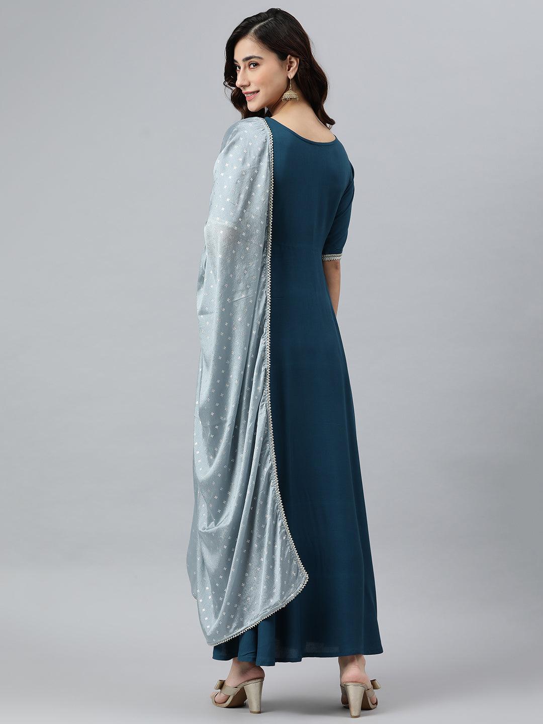 Teal Rayon Solid Kurta with Dupatta