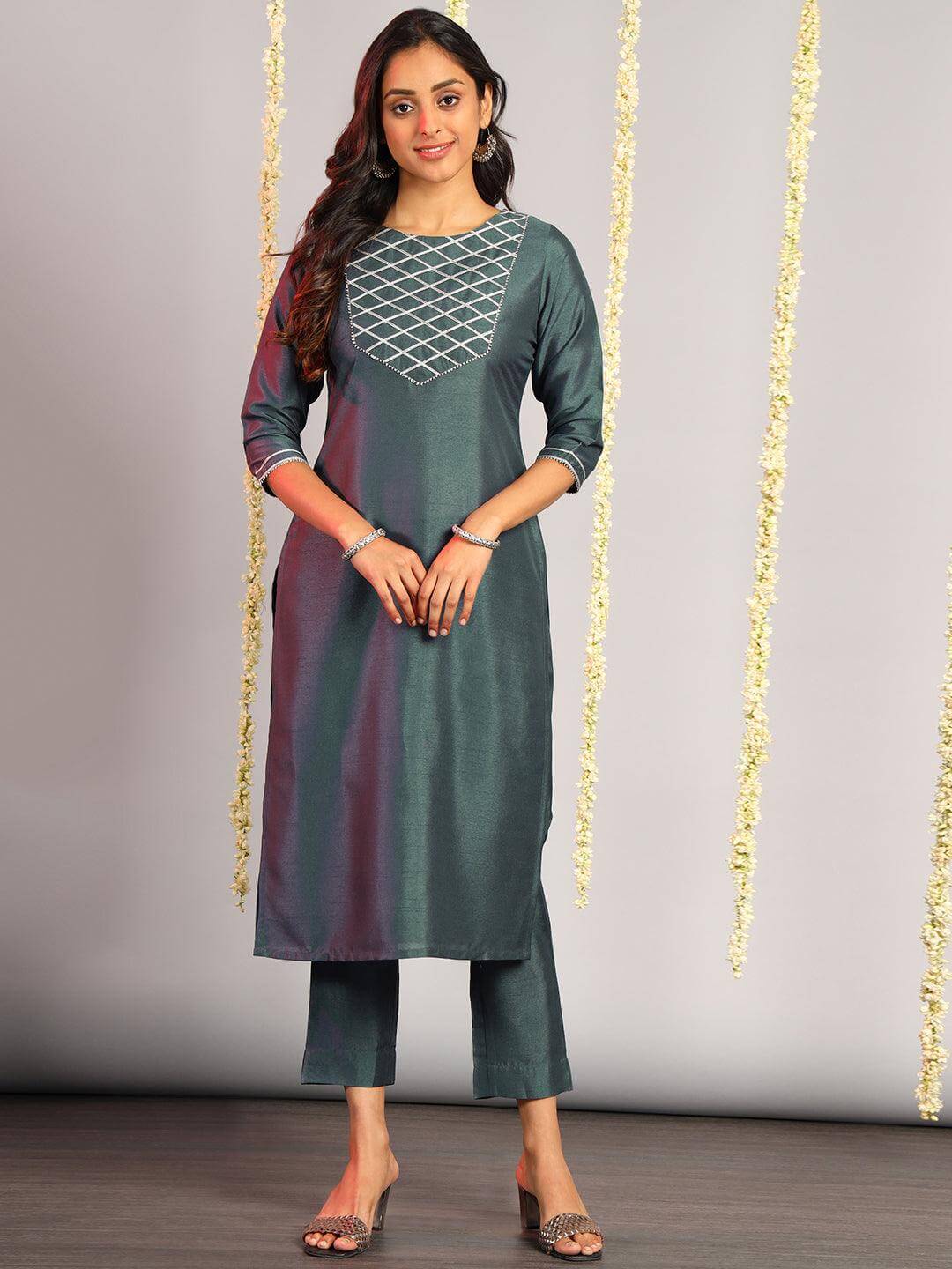 Grey Poly Silk Solid Kurta with Pant